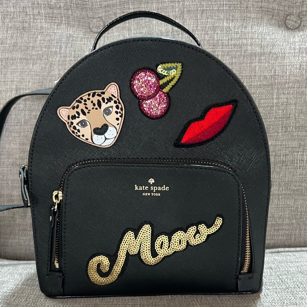Kate Spade Run Wild Leopard Tomi Genuine Cow Leather Sequins Black Backpack Bag